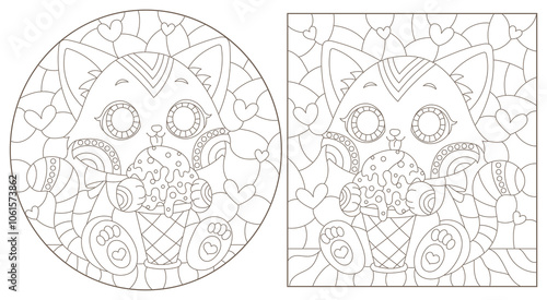 Set of contour illustrations in the style of stained glass with cute kittens, dark outlines on a white background