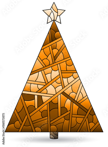An illustration in the style of stained glass with abstract Christmas tree, on a white background, tone brown
