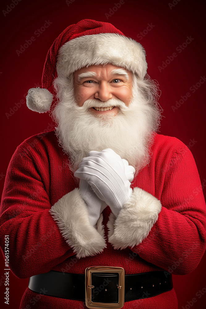 A joyful and classic Santa Claus in his signature red suit and white gloves, smiling warmly. Perfect for holiday marketing, Christmas ads, festive promotions, A joyful and classic Santa Claus in his signature red suit and white gloves, smiling warmly. Perfect for holiday marketing, Christmas ads, festive promotions,