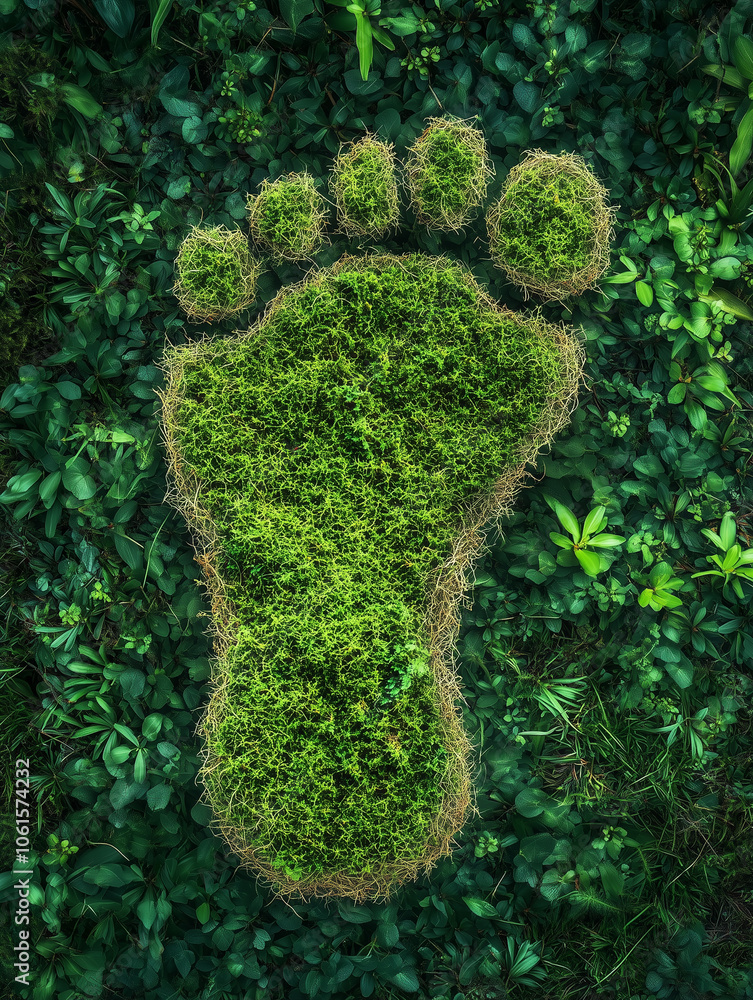 green footprint made of moss and grass symbolizes a positive and eco-friendly impact on the world. green footprint made of moss and grass symbolizes a positive and eco-friendly impact on the world.