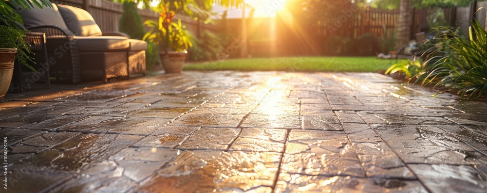 Sunlight reflecting on a beautifully stamped concrete patio, creating a serene backyard atmosphere. Free copy space for text.