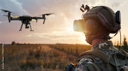 A soldier operates a drone at sunset, immersive gear and camo uniform highlighting modern technology in surveillance and tactical operations.