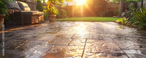 Obraz na płótnie Sunlight reflecting on a beautifully stamped concrete patio, creating a serene backyard atmosphere. Free copy space for text. w salonie