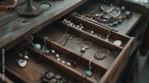 Open drawer with assorted necklaces and pearls, embodying classic style and showcasing a collection of cherished accessories.