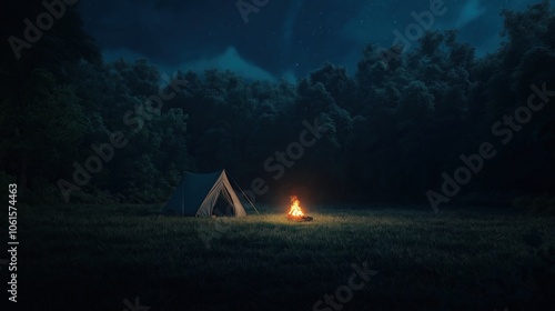 Camp fire and tent in the forest/ mountain, grass field.