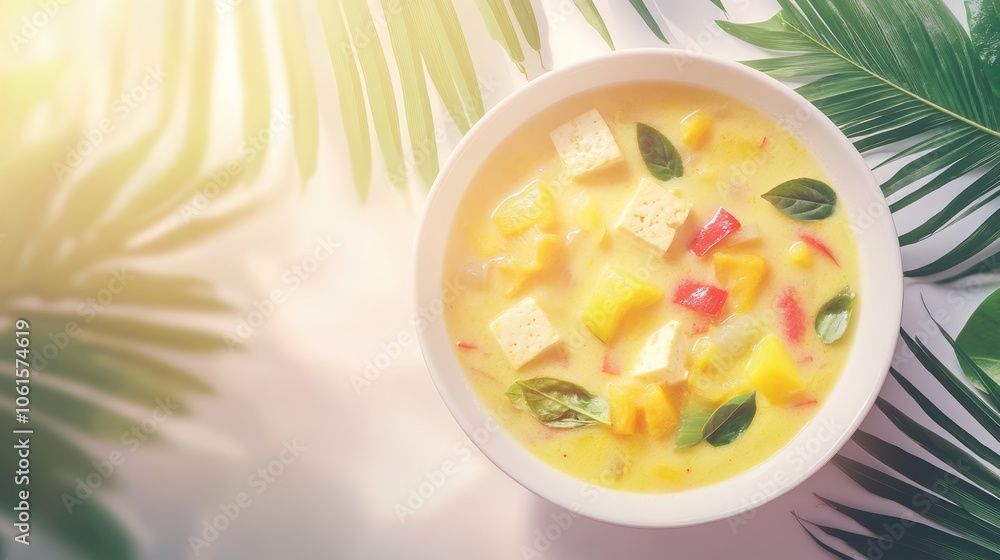 A bowl of yellow curry with tofu, bell peppers, and basil leaves, surrounded by palm leaves. A bowl of yellow curry with tofu, bell peppers, and basil leaves, surrounded by palm leaves.