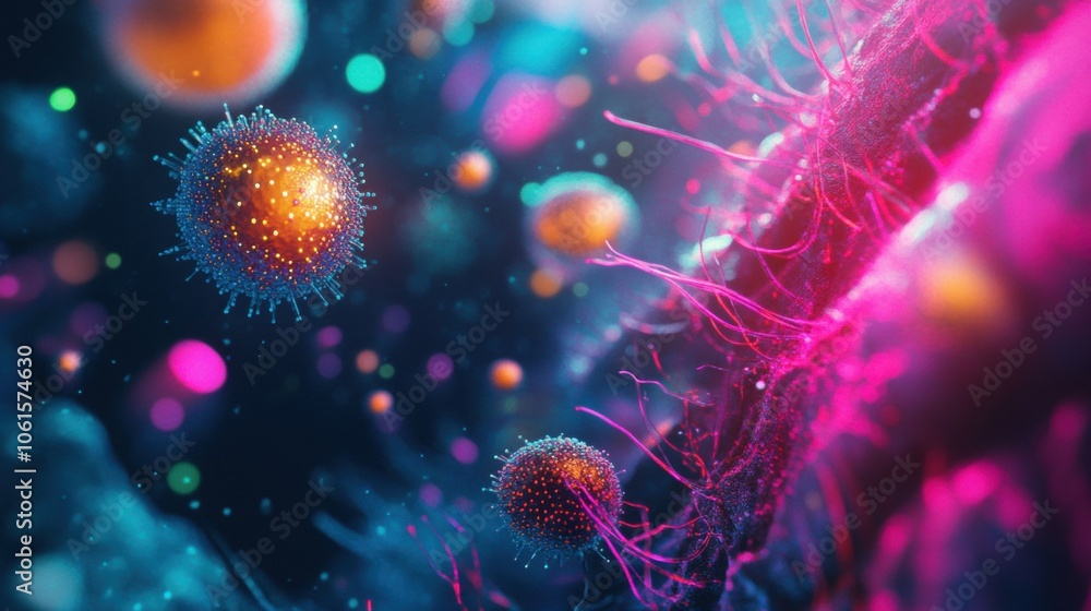 Fototapeta premium A detailed, colorful microscopic illustration of bacteria and viruses, representing microbiology, pathogens, and the microscopic world of infectious organisms. 
