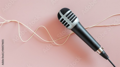 A sleek black microphone with a coil cord rests on a pastel pink background, suggesting a blend of simplicity and modernity. photo