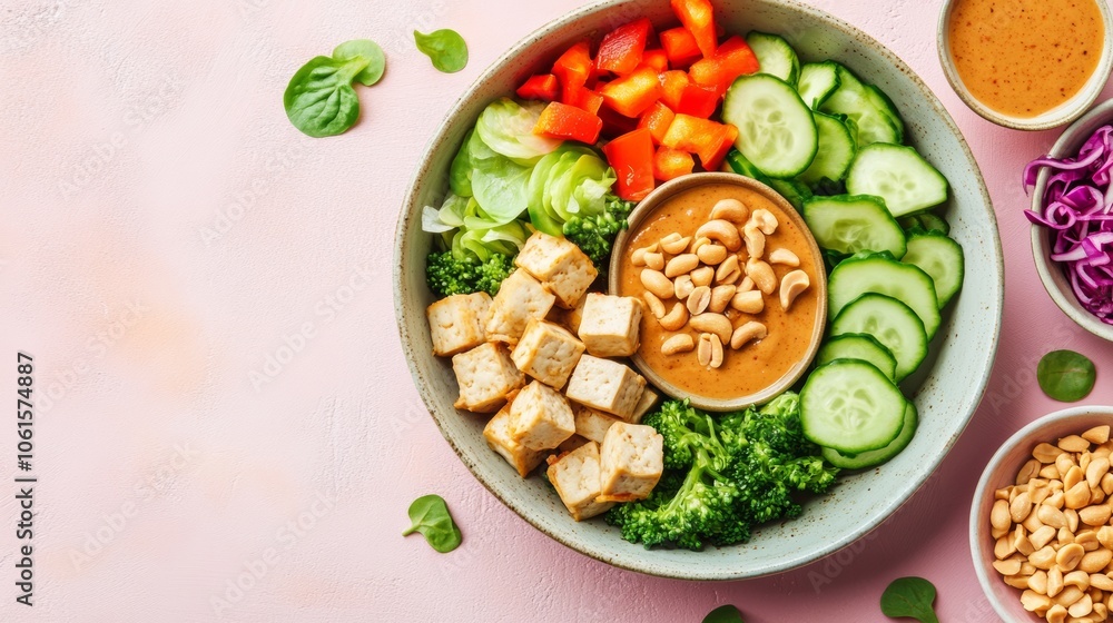 A bowl with tofu, broccoli, cucumber, red pepper, peanut sauce, and peanuts. A bowl with tofu, broccoli, cucumber, red pepper, peanut sauce, and peanuts.