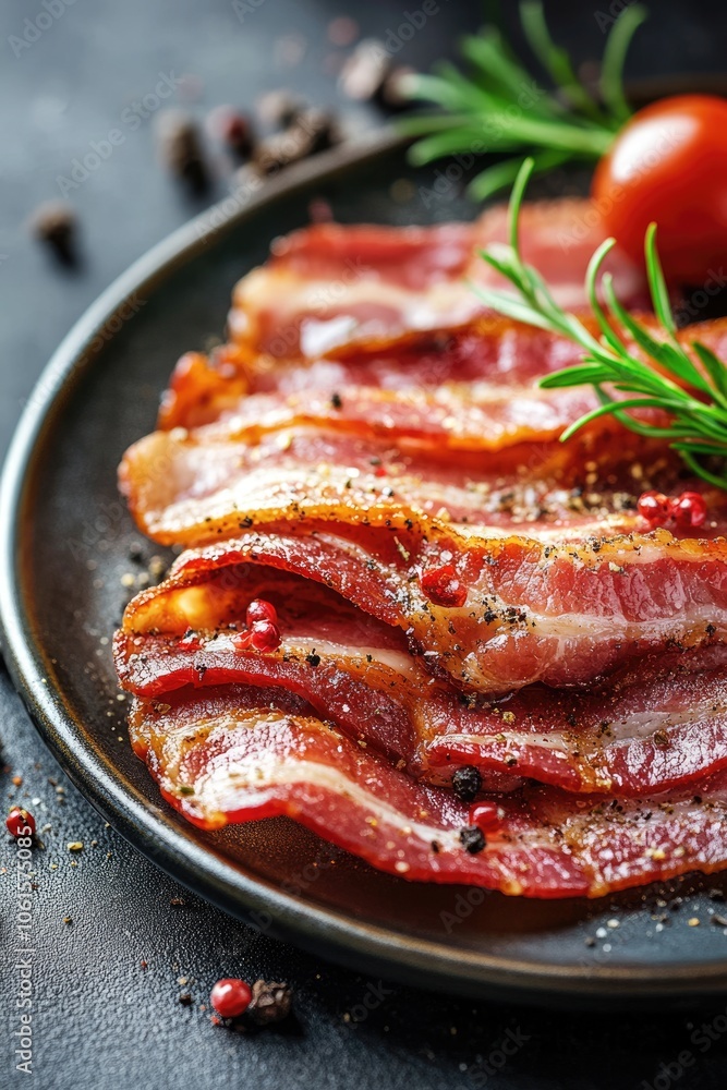 Artisanal Pork Meat Selection: Raw Bacon Slices on Elegant Ceramic Plate Artisanal Pork Meat Selection: Raw Bacon Slices on Elegant Ceramic Plate