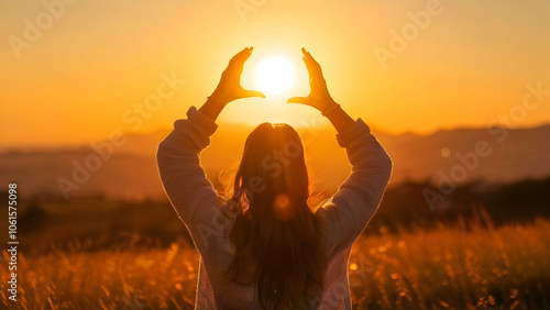 The woman making frame round the sun with her hands in sunrise,Future planning idea concept.