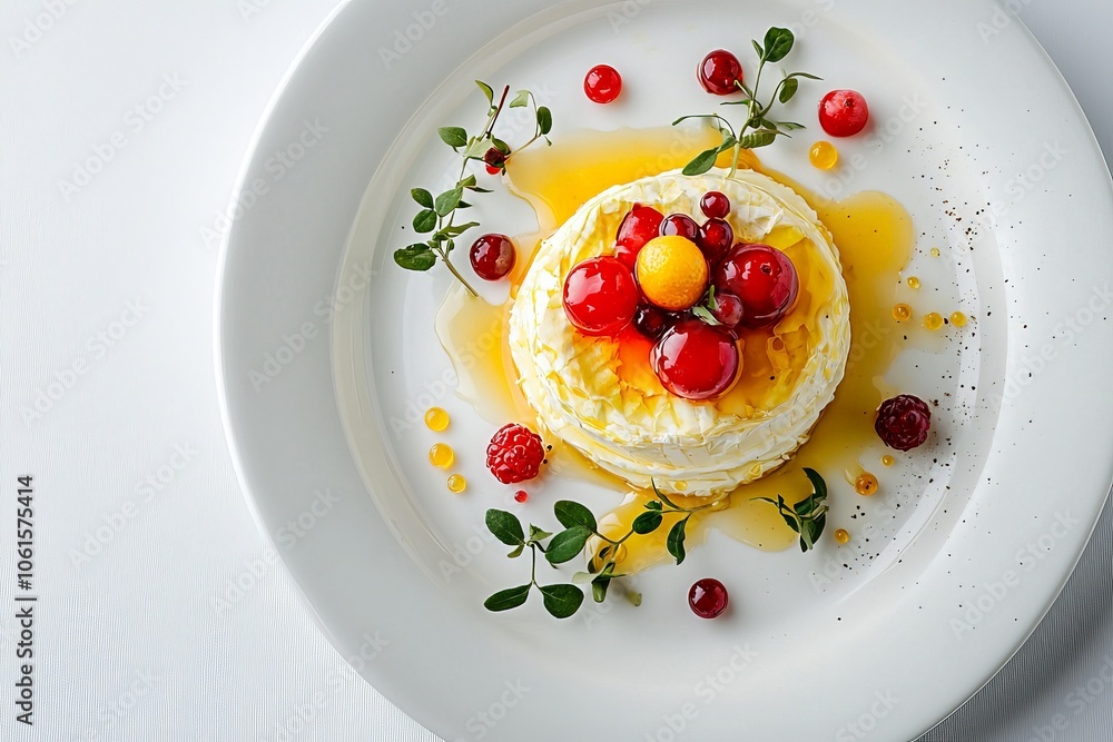 a camenbert cheese with honey and fruits on a white plate a camenbert cheese with honey and fruits on a white plate