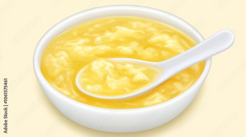 A close-up of a bowl of congee with a white spoon. The congee is a light yellow color and has a smooth, creamy texture. A close-up of a bowl of congee with a white spoon. The congee is a light yellow color and has a smooth, creamy texture.