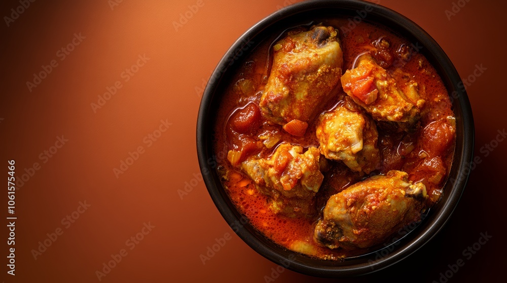 A close-up of a bowl of chicken curry, featuring tender pieces of chicken in a rich, red sauce. A close-up of a bowl of chicken curry, featuring tender pieces of chicken in a rich, red sauce.