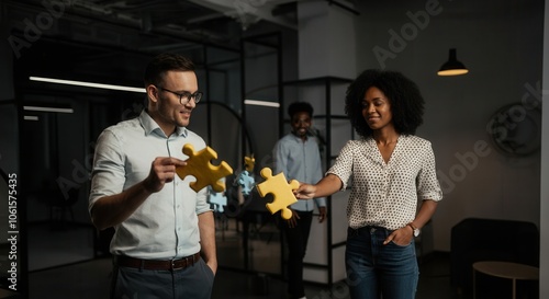 In an office environment, two colleagues share golden puzzle pieces, symbolizing teamwork and collaboration. A third person stands in the background, focusing on their shared task, showcasing a creati photo