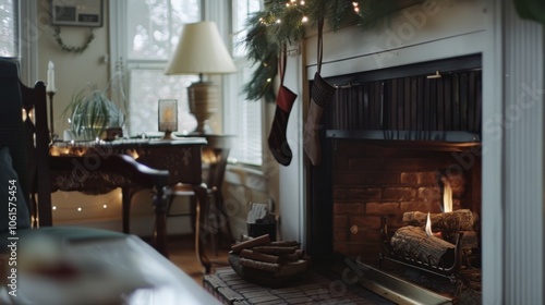 A warm and inviting living room with a crackling fireplace, holiday stockings, and soft lighting, perfect for a festive evening at home.