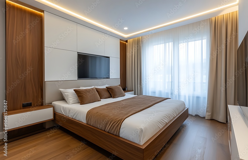 Fototapeta premium Modern Bedroom with Marble Flooring and Mirrored Closet