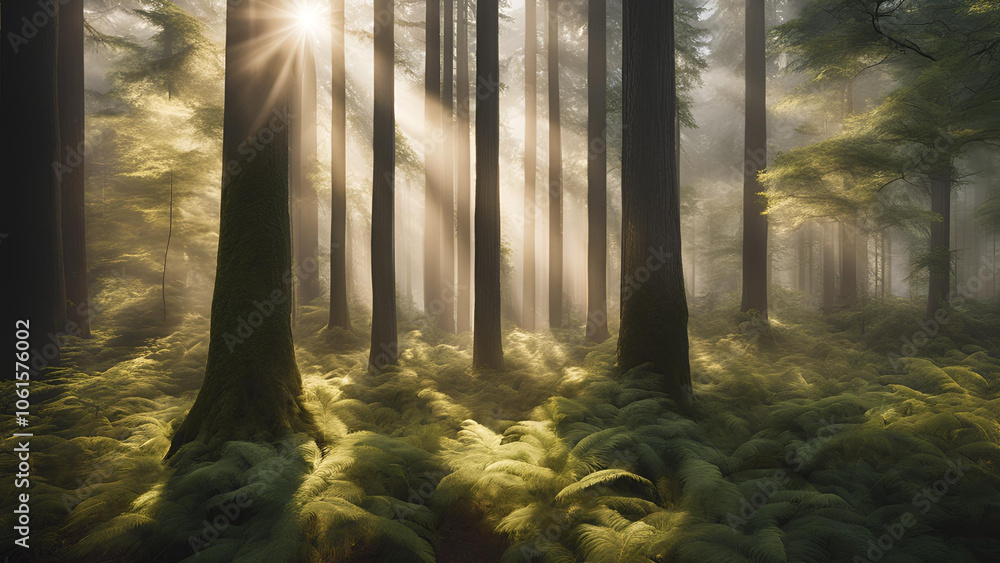 Naklejka premium Sunbeams Through Ancient Trees: A serene and ethereal scene of sunbeams piercing through a misty forest, illuminating a carpet of ferns. The light dances between the towering trees.