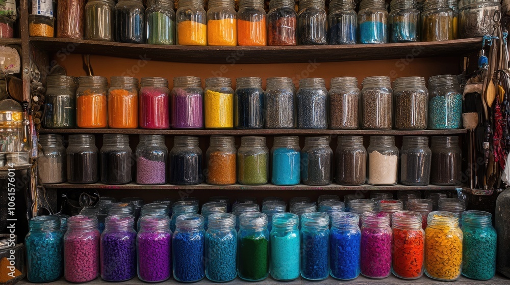 Exotic Moroccan Culture: Vibrant Spices and Dyes Displayed in Glass Jars Exotic Moroccan Culture: Vibrant Spices and Dyes Displayed in Glass Jars