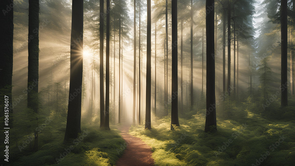 Naklejka premium Sunbeams Through the Forest: A mystical path winds its way through a dense forest, illuminated by a radiant sunbeam that pierces through the canopy, creating a breathtaking scene of ethereal beauty.