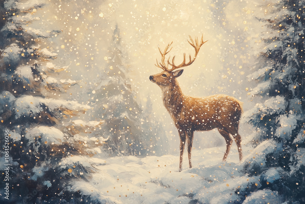Obraz premium deer as a mystical forest spirit. The snowy forest setting and the deer's appearance create a captivating and magical scene.