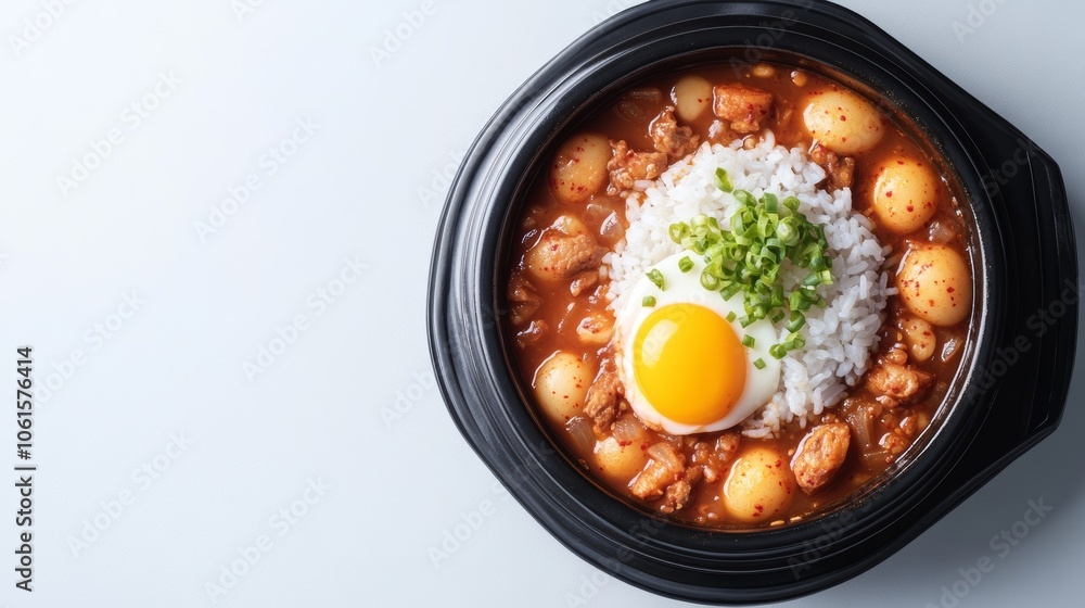 A close-up overhead shot of a bowl of kimchi jjigae with a runny egg on top and rice.