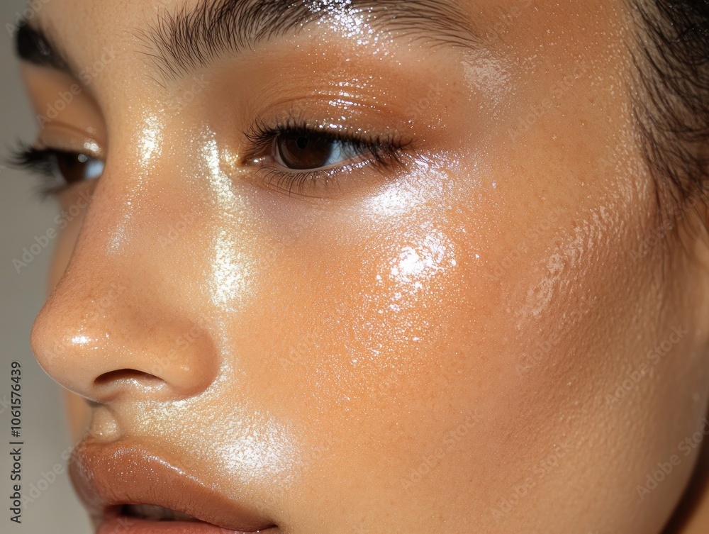 Fototapeta premium Close-up of a glowing face with radiant skin, showcasing beauty and skincare.