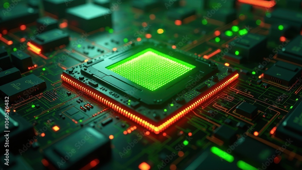 Obraz premium Processor with futuristic neon green and red lights on electronic circuit board 