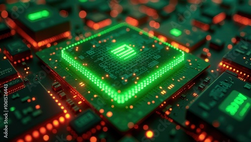 Processor with futuristic neon green and red lights on electronic circuit board 