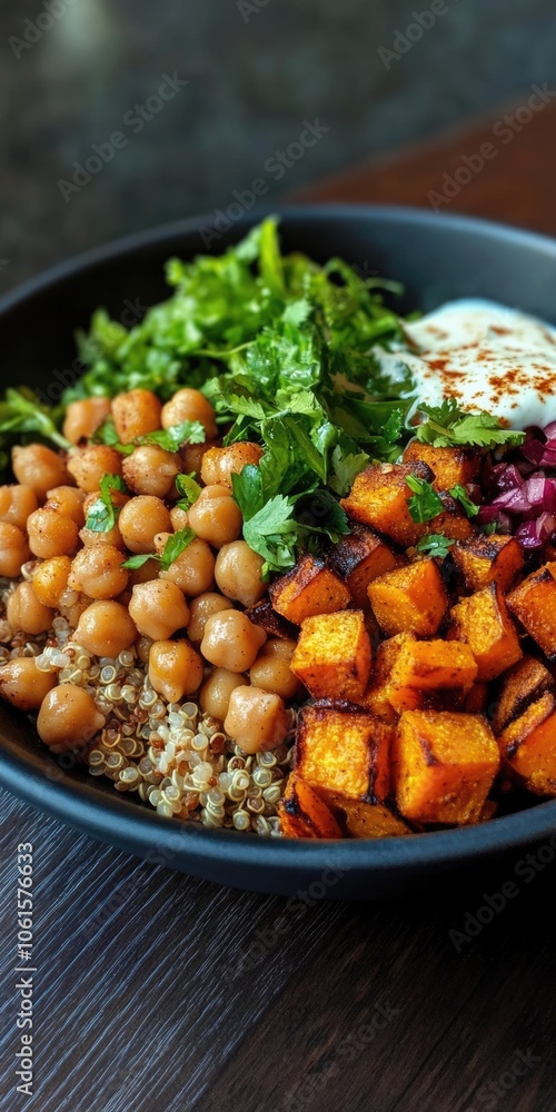 Savory Quinoa Bowl with Roasted Chickpeas, Sweet Potato, and Creamy Herb Dressing Savory Quinoa Bowl with Roasted Chickpeas, Sweet Potato, and Creamy Herb Dressing