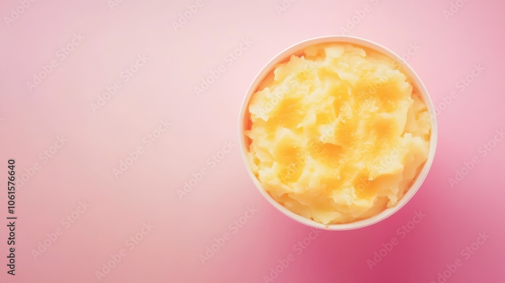 A close-up overhead shot of a small white container filled with yellow-colored whipped shea butter on a pink background. A close-up overhead shot of a small white container filled with yellow-colored whipped shea butter on a pink background.