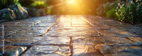 Sunlight reflecting on a beautifully stamped concrete patio, creating a serene backyard atmosphere. Free copy space for text.