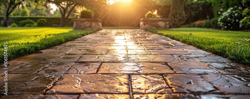 Obraz na płótnie Sunlight reflecting on a beautifully stamped concrete patio, creating a serene backyard atmosphere. Free copy space for text. w salonie