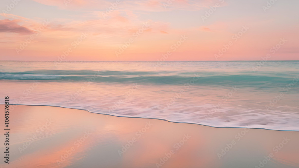 Obraz premium Serene Sunset Seascape: A breathtaking panoramic view of a tranquil beach at sunset, showcasing the soft hues of pink and orange in the sky reflected in the gentle waves.