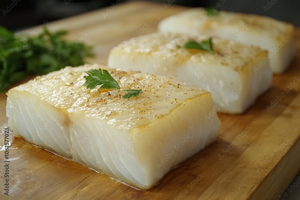 Cooked cod fish fillets with parsley on a wooden chopping board Cooked cod fish fillets with parsley on a wooden chopping board
