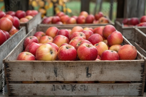 Freshly picked red apples filling wooden crates at orchard