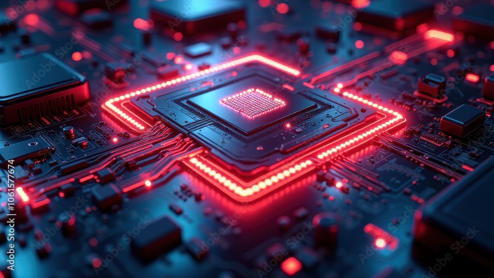 Futuristic processor with glowing red and blue neon lights on a circuit board Futuristic processor with glowing red and blue neon lights on a circuit board