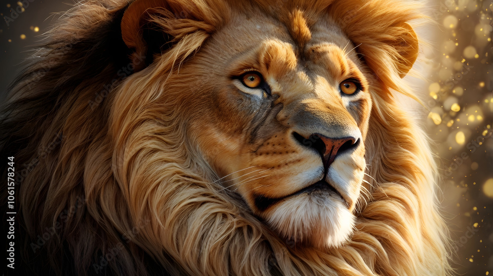 Fototapeta premium Majestic Lion with Golden Mane in Serene Portrait