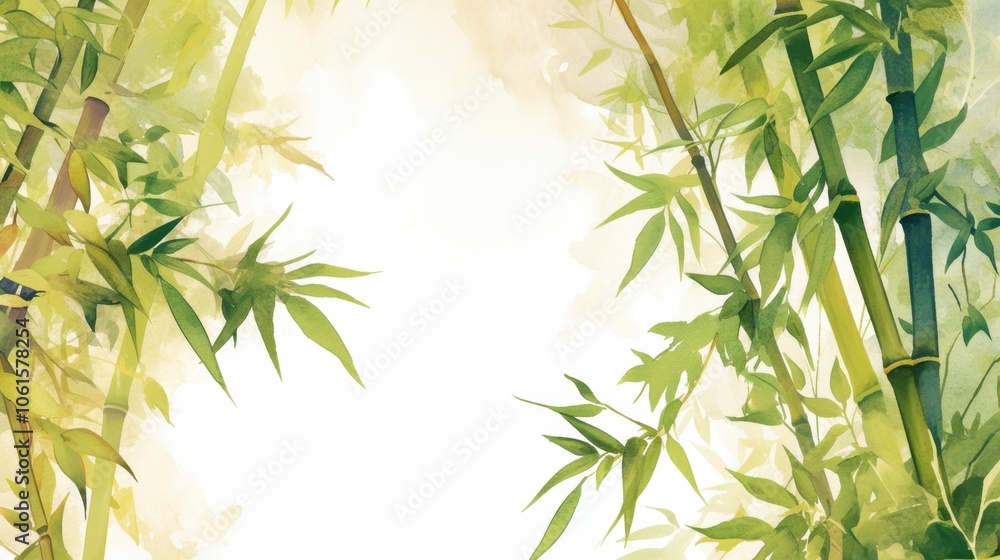 Fototapeta premium Watercolor green bamboo stalks with lush leaves on a , isolated illustration for postcards, banners