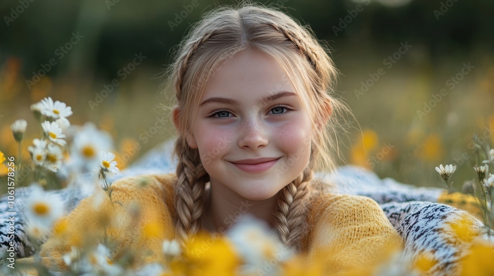 Teenage blonde girl with braids on a blanket, surrounded by flowers; soft smile and blurred . Teenage blonde girl with braids on a blanket, surrounded by flowers; soft smile and blurred .