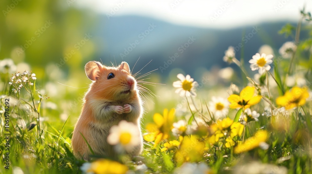 small cute hamster posing on a green meadow surrounded by yellow and white flowers in sunny weather small cute hamster posing on a green meadow surrounded by yellow and white flowers in sunny weather