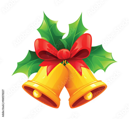 Pair of golden bells with holly leaves, red bow, and berries. Vector cartoon illustration