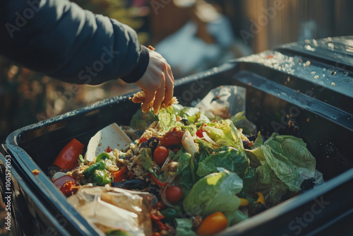 Person disposing food in trash. photo