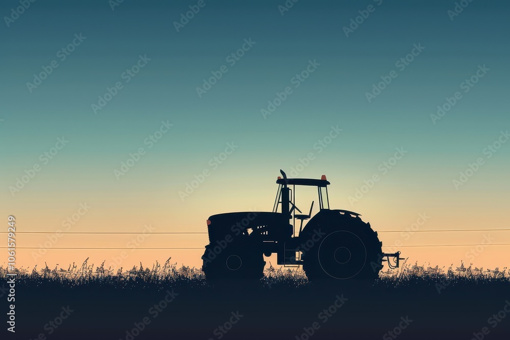 Fototapeta premium Artistic tractor silhouette at sunset, showcasing the beauty of farming in rural landscapes. Free copy space for text.