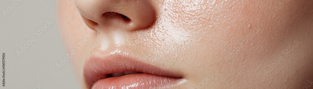 Close-up of a human face showcasing skin texture and lips. Close-up of a human face showcasing skin texture and lips.