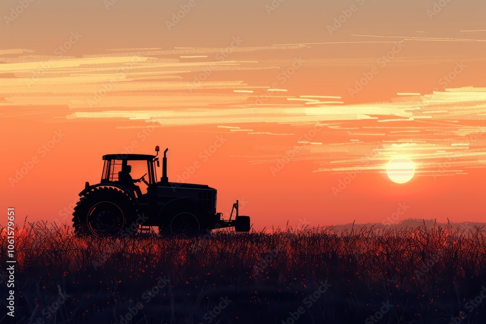 Artistic tractor silhouette at sunset, showcasing the beauty of farming in rural landscapes. Free copy space for text. Artistic tractor silhouette at sunset, showcasing the beauty of farming in rural landscapes. Free copy space for text.