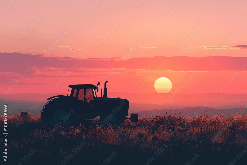 Fototapeta premium Artistic tractor silhouette at sunset, showcasing the beauty of farming in rural landscapes. Free copy space for text.
