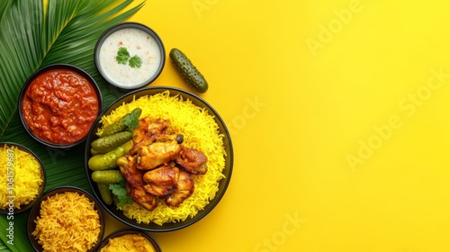 Fototapeta Naklejka Na Ścianę i Meble -  A delicious plate of yellow rice with chicken, pickles, and two dipping sauces on a yellow background with a palm leaf.