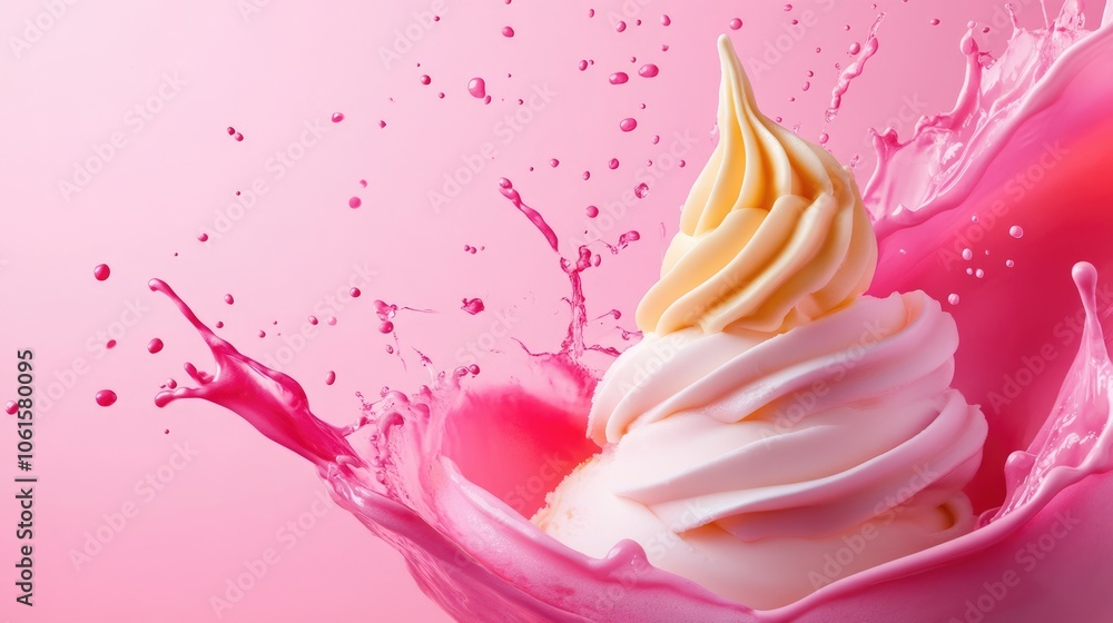 Unique Gelato Splash. Colorful Pastel Ice Cream Melting on Pink Background Unique Gelato Splash. Colorful Pastel Ice Cream Melting on Pink Background