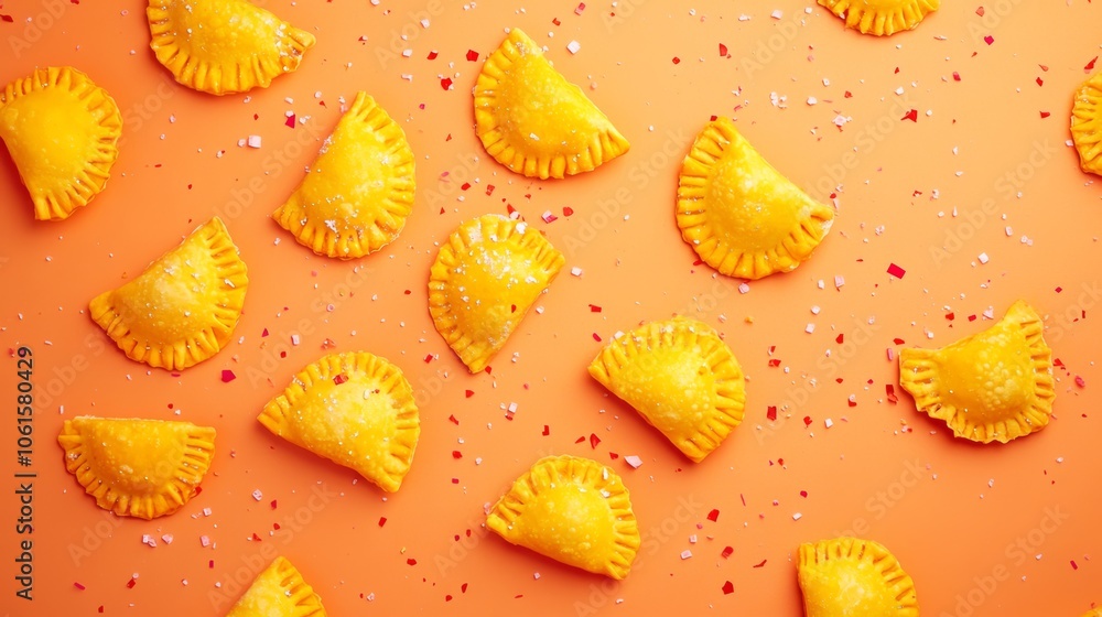 A flat lay of golden, crescent-shaped pastries arranged in a pattern on an orange background with white and red sprinkles. A flat lay of golden, crescent-shaped pastries arranged in a pattern on an orange background with white and red sprinkles.